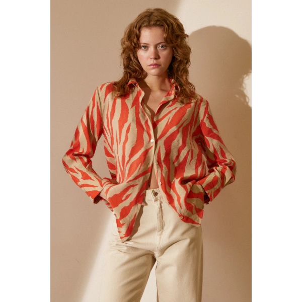 Zebra Desen Modal Gömlek Zebra Desen Turuncu