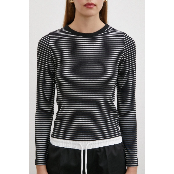 Bisiklet Yaka Çizgili Bluz Siyah
