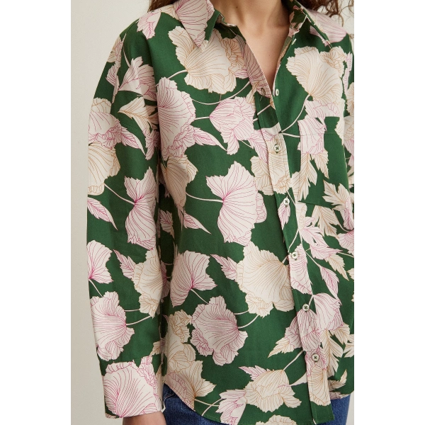 Gül Desenli Poplin Gömlek Yeşil