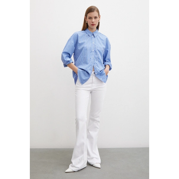 İnce Çizgili Gömlek Mavi