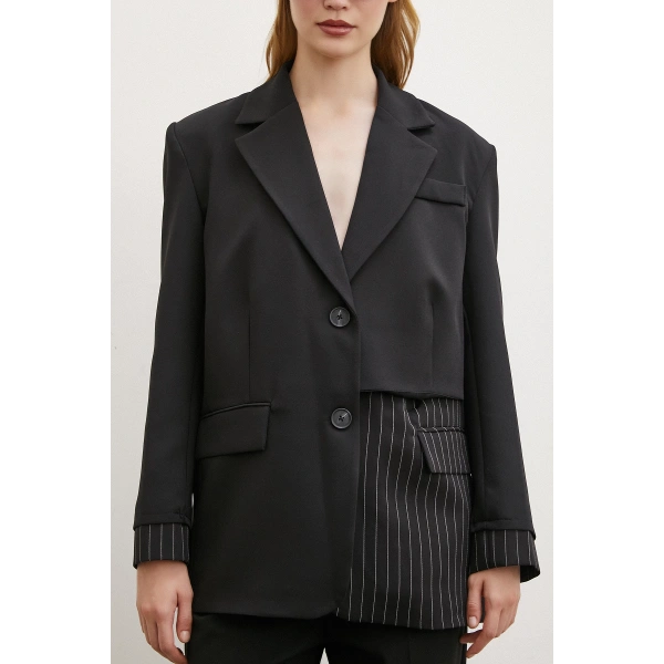 Çizgi Detaylı Çift Düğmeli Blazer Ceket Siyah