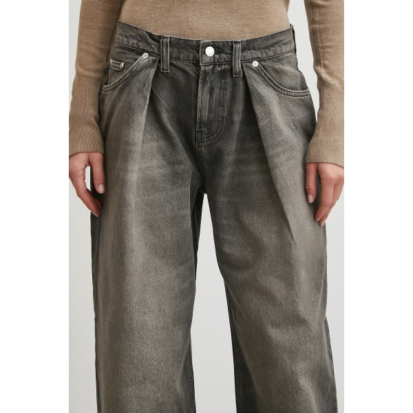 Yüksek Bel Pileli Geniş Paça Jean Füme