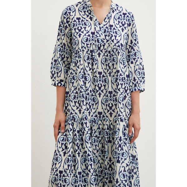 Hakim Yaka Desenli Maxi Elbise Lacivert