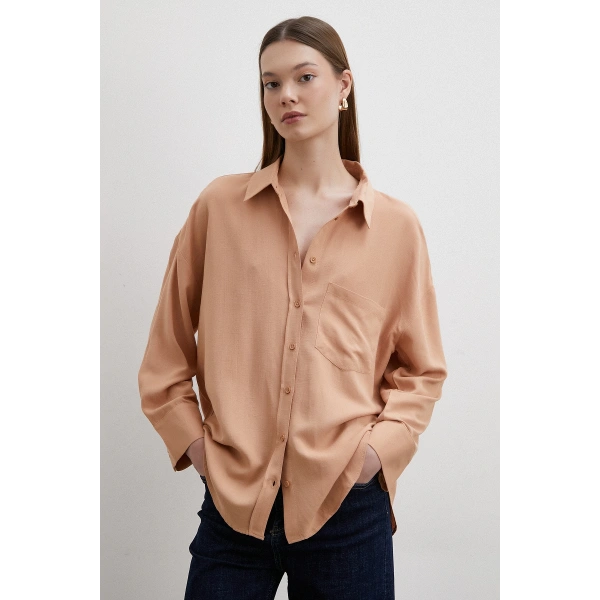 Keten Karışımlı Linen Prunes Gömlek Pudra