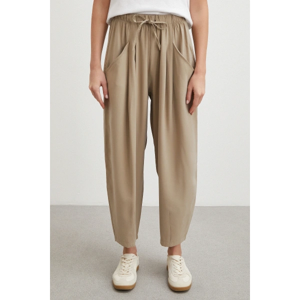 Bağcıklı Beli Lastikli Pileli Pantolon Taş