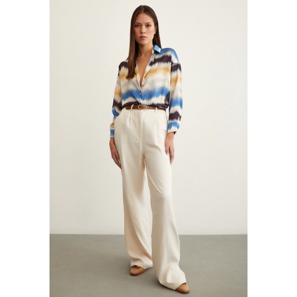 Sulu Boya Desenli Gömlek Mavi