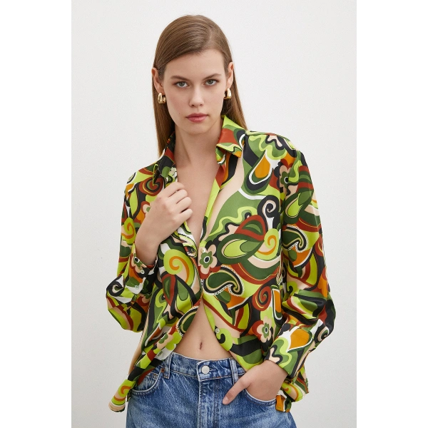 Ebruli Desenli Saten Gömlek Yeşil