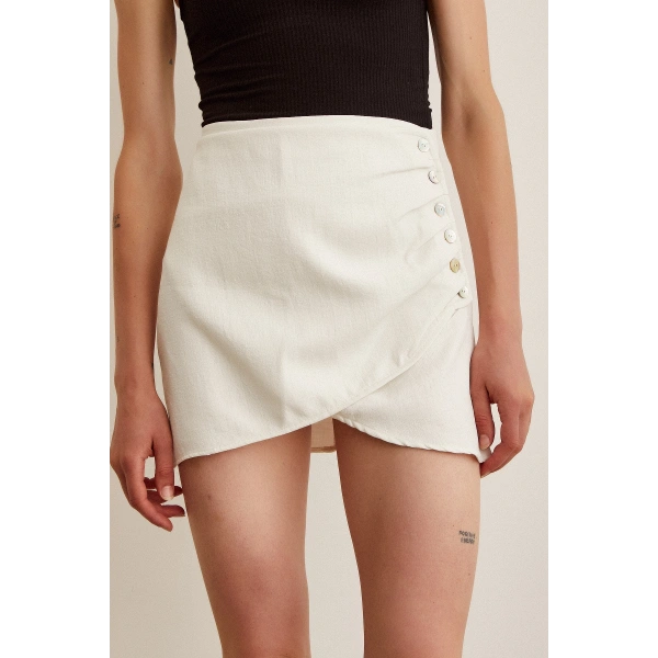 Önden Pileli Düğmeli Etek Bej