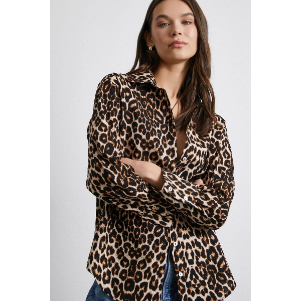 Leopar Desenli Poplin Gömlek Bej