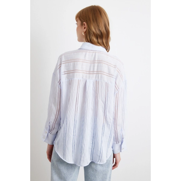 Organze Çizgili Gömlek Mavi