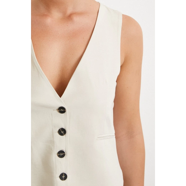 Cep Kapaklı Keten Yelek Krem