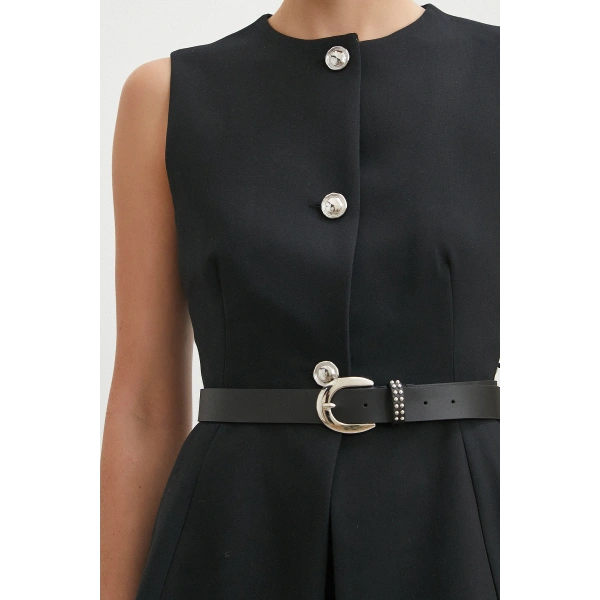 Kemerli Bisiklet Yaka Üç Düğmeli Yelek Siyah