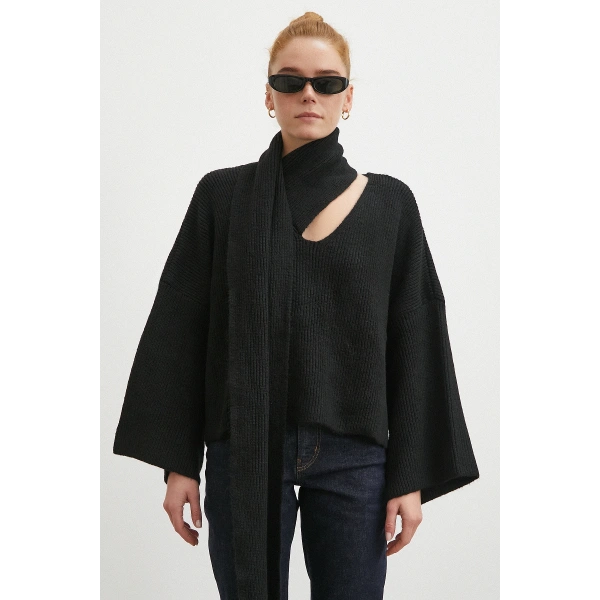 Fitilli Şal Yaka Kazak Siyah