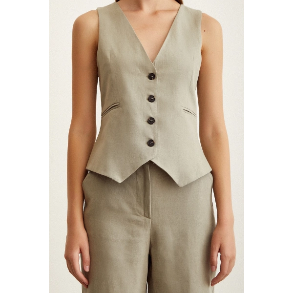 Astarlı Keten Yelek Gri