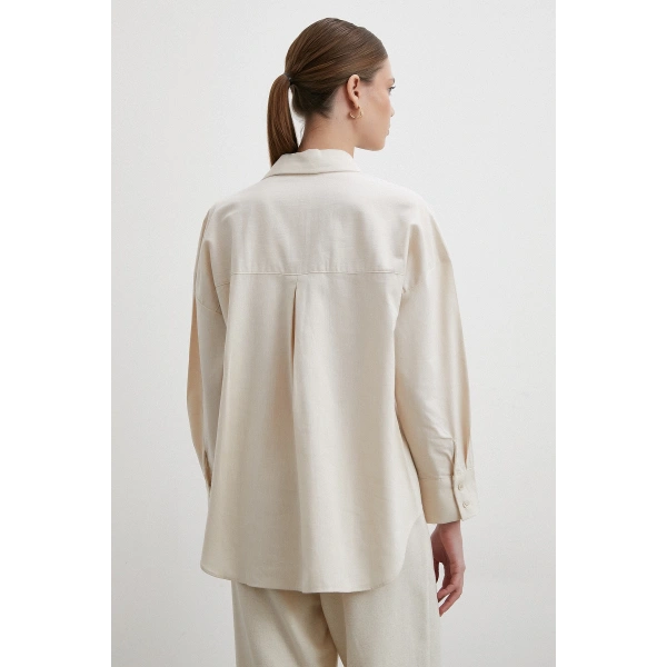 Keten Karışımlı Dökümlü Gömlek Bej