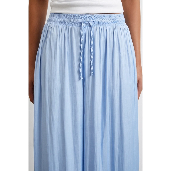 Beli Lastikli Geniş Paça Büzgülü Pantolon Mavi