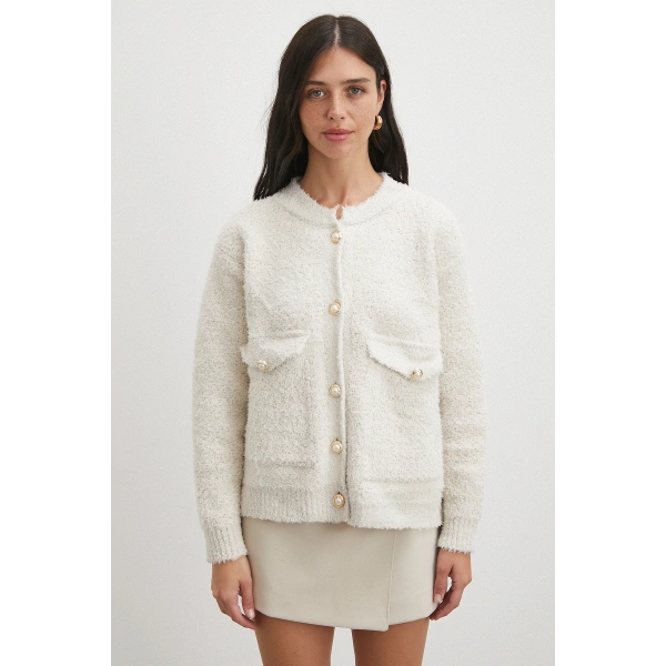 Cepli Düğmeli Simli Hırka Ekru