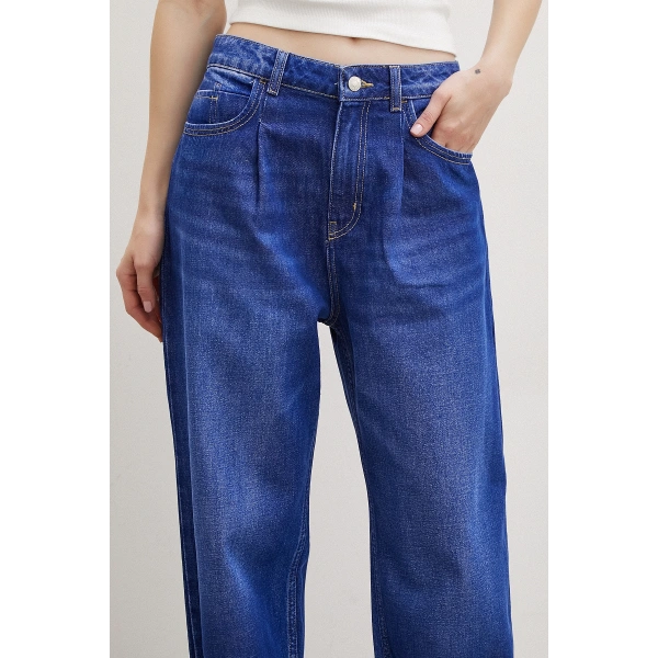 Yüksek Bel Dikişli Kesik Paça Mom Jean Mavi