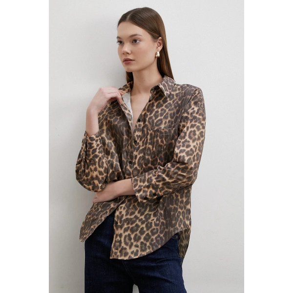 Leopar Desenli V Yaka Gömlek Kahve