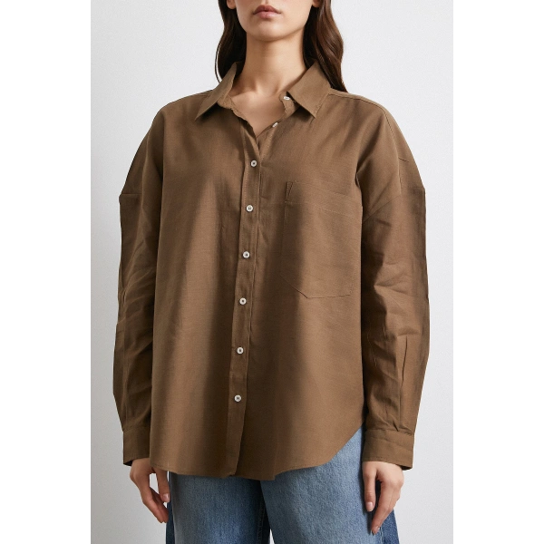 Cepli Oversize Keten  Gömlek Kahve