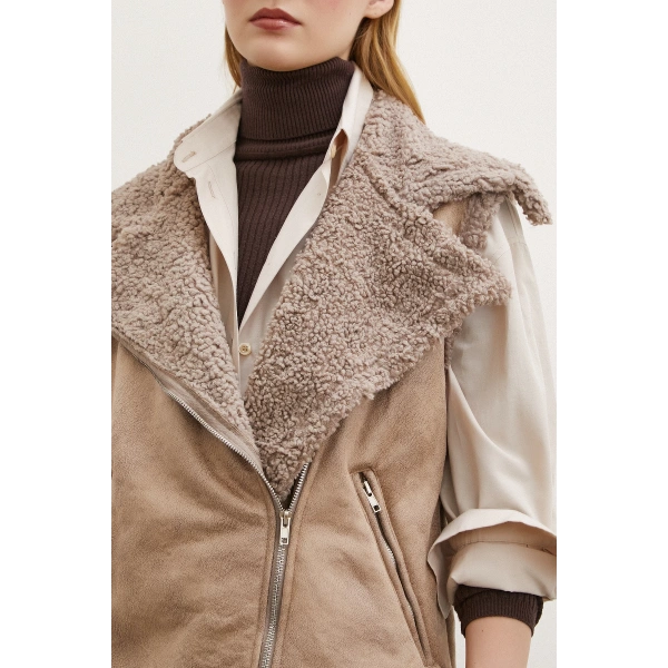 Süet Yünlü Deri Yelek Vizon