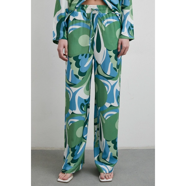 Beli Lastikli Desenli Pantolon Yeşil