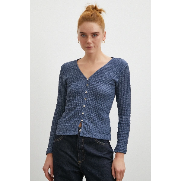 V Yaka Düğmeli Kazak Lacivert