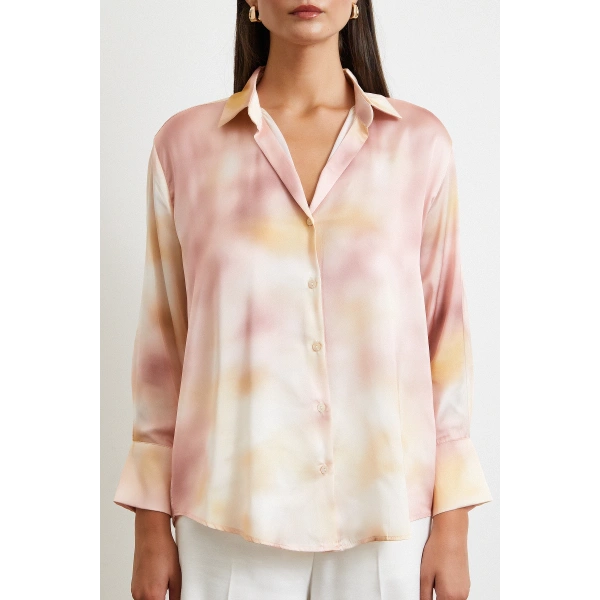 Ebruli Desen Saten GömleK Pembe