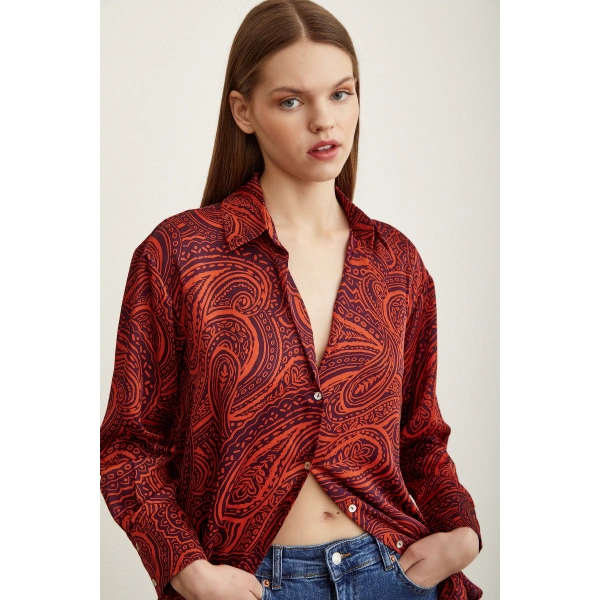 Desenli Saten Gömlek Turuncu