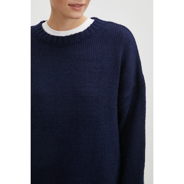 Bisiklet Yaka Fitilli Triko Kazak Lacivert