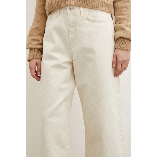 Yüksek Bel Geniş Paça Mom Jean Ekru