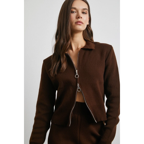 Çift Fermuarlı Hırka Takım Kahve