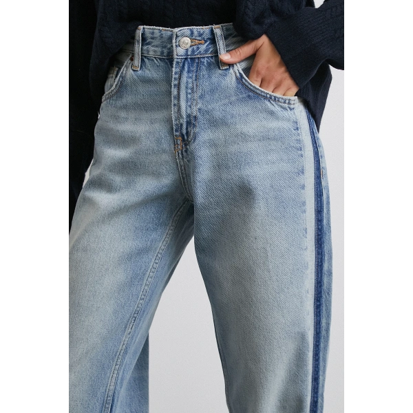 Yüksek Bel Şerit Detaylı Boru Paça Jean Mavi