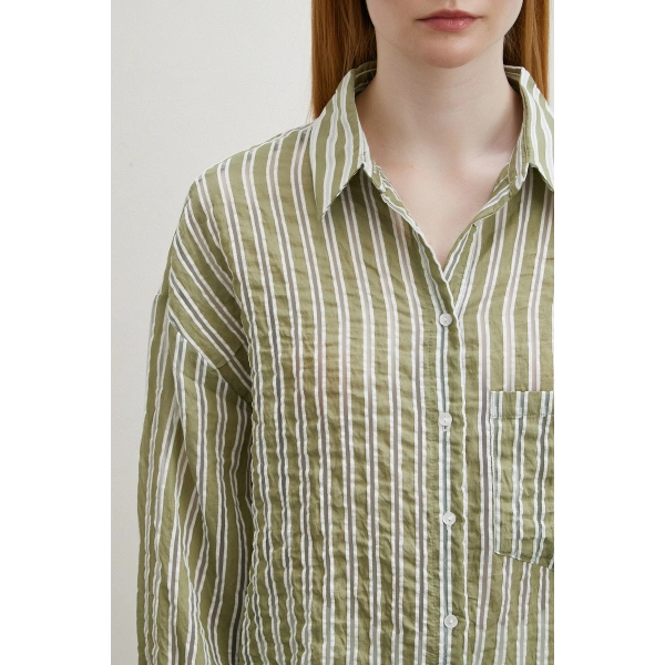 Transparan Çizgili Gömlek Haki