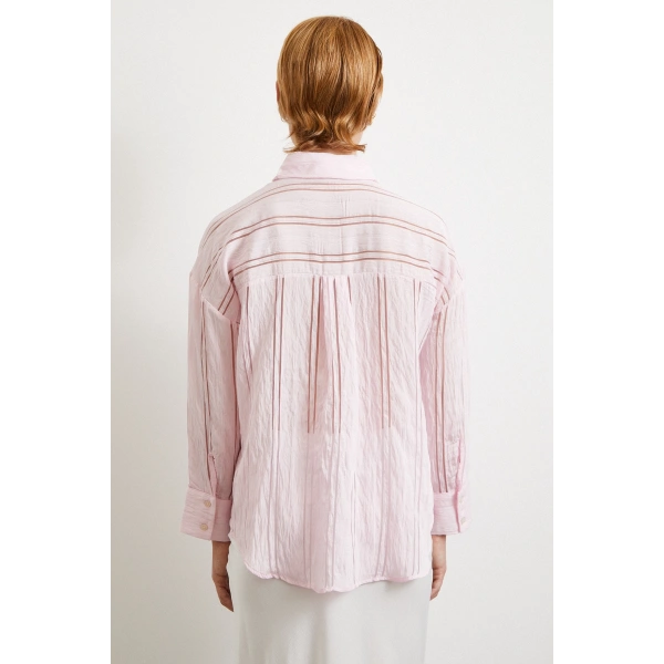 Organze Çizgili Gömlek Pembe