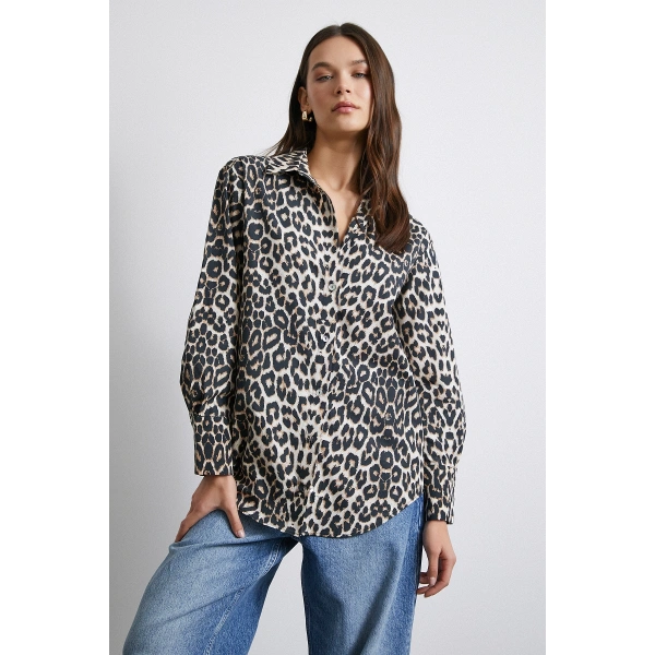 Leopar Desenli Saten Gömlek Bej
