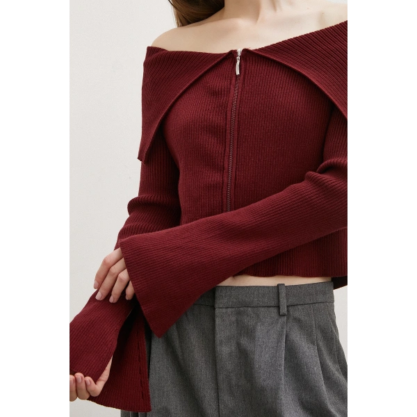 Fermuarlı Mendil Yaka Hırka Bordo