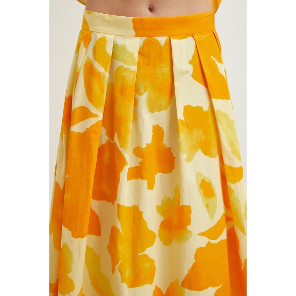 Beli Lastikli Batik Desen Piliseli Etek Sarı