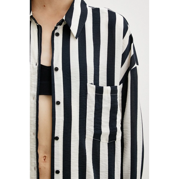 Poplin Çizgili Gömlek Ekru