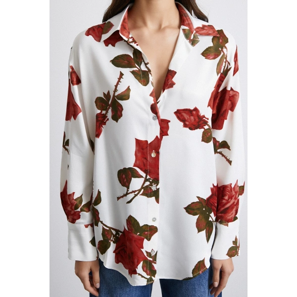 Gül Baskılı Saten Gömlek Beyaz