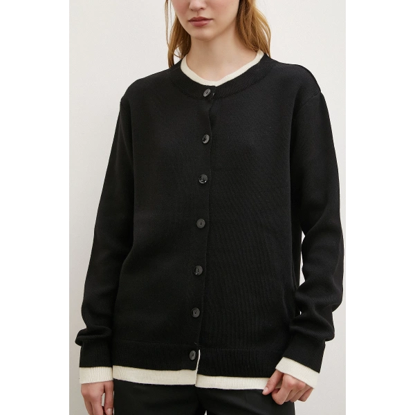 Çift Yakalı Düğmeli Hırka Siyah