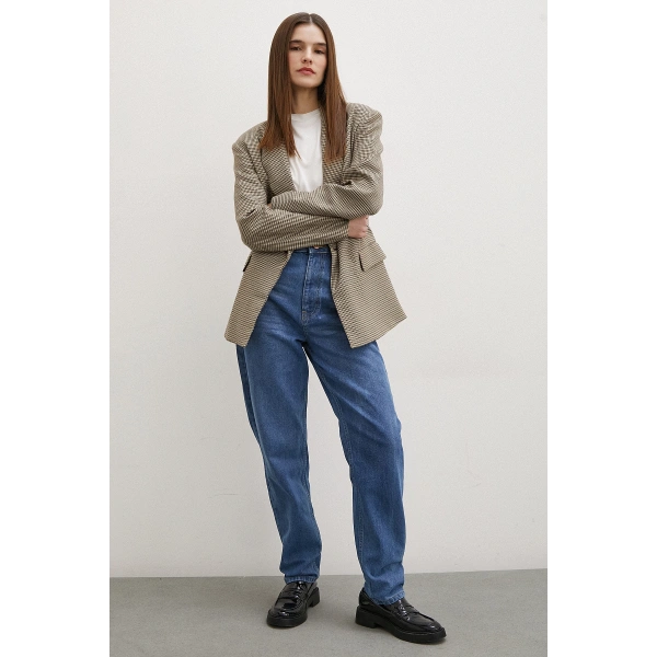 Yüksek Bel Dar Paça Mom Jean Mavi