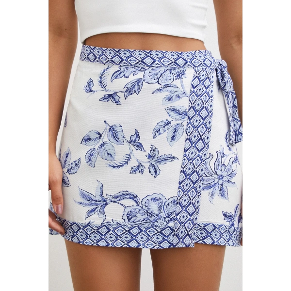 Etnik Desen Mini Etek Mavi