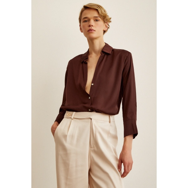 Basic Saten Gömlek Kahve