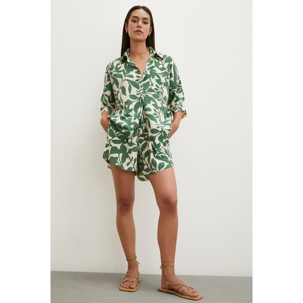 Yaprak Desenli Şortlu Takım Yeşil