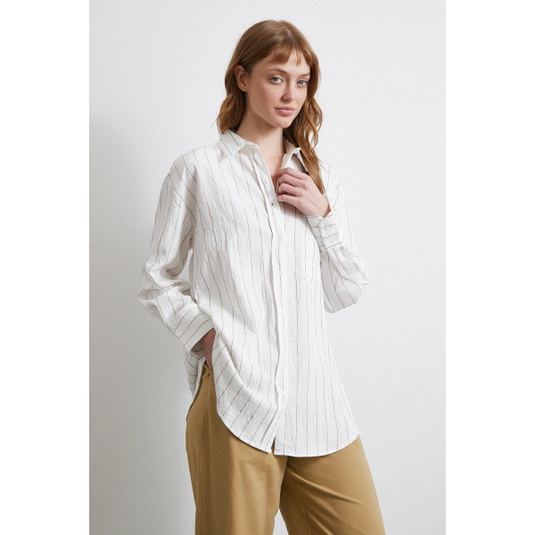 Çizgili Cepli Gömlek Bej