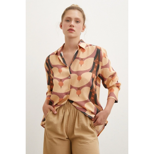 Desenli V Yaka Modal Gömlek Camel