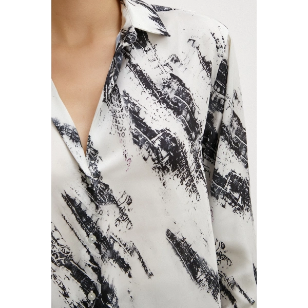 V Yaka Baskılı Saten Gömlek Ekru