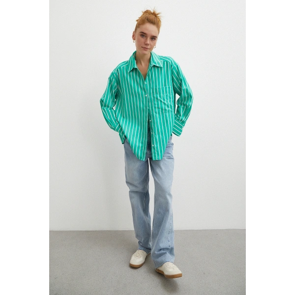 Çizgili Poplin Gömlek Yeşil