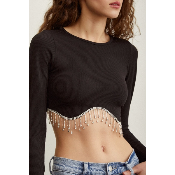 Parlak Taşlı Crop Siyah